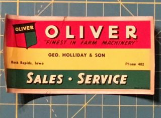 Vintage Oliver Tractor Dealer Decal,  Geo.  Holliday & Son,  Rock Rapids,  Iowa,