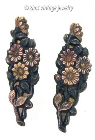 Antique Japanese Shakudo Kashira Mixed Metal Gold Copper Floral Black Earrings
