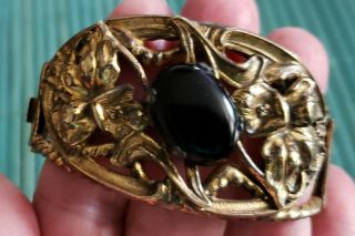 Signed Antique Art Nouveau Hinged Cuff Bracelet W/ Oval Black Onyx