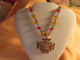 Exquisite Joan Rivers Multi - Color Bead/ Crystal Maltese Cross Pend.  Necklace Nib
