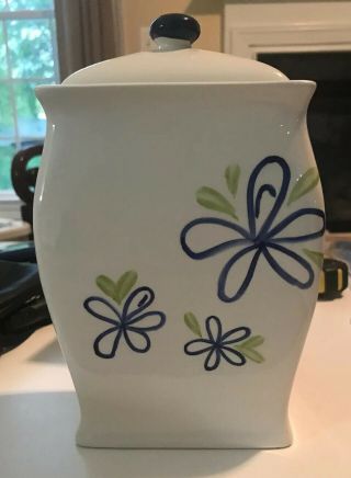 Starbucks White Ceramic Coffee Biscotti Jar Blue Floral Green Leaves 8,  " Tall