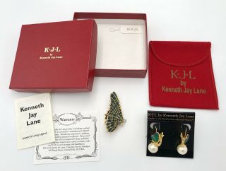 Kjl Kenneth Jay Lane Gold Tone Enamel Rhinestone Butterfly Brooch And Earrings