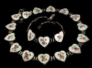 Romantic Deco Sterling Silver Enamel Hearts And Roses Necklace And Bracelet Set