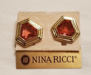 Nina Ricci Clip On Earrings - Pink Stones - Hexagon Shape -