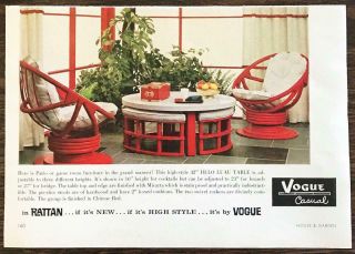 1964 Vogue Rattan Furniture Print Ad Chinese Red Swivel Rockers Hi - Lo Luau Table