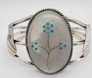 Sterling Silver Cuff Bracelet Mother Of Pearl Turquoise Flower 36 Grams