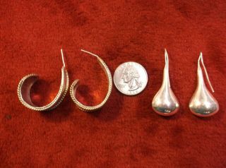 Two Pairs Of Rather Large Vtg Sterling Silver Earrings,  " J " Hooks (gold),  Drops