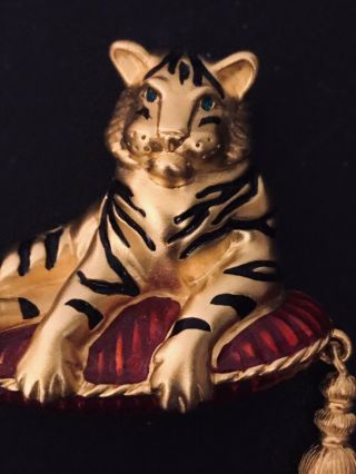 Bob Mackie Vintage Tiger on Red Pillow with Tassels Enamel Pin/Brooch 2