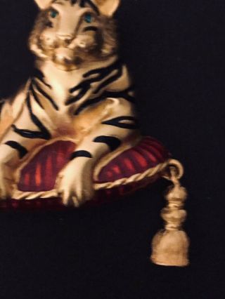 Bob Mackie Vintage Tiger on Red Pillow with Tassels Enamel Pin/Brooch 3