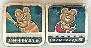 2 Ussr Soviet Russian Olympic Pins Set Games Moscow 1980 Bear Misha Canoe Rowing