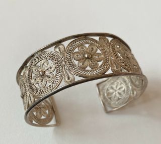 Vintage Sterling Silver Fine Detailed Filigree Flowers Cuff Bracelet