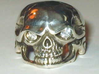 Sterling Silver (white Gold) Rhodium Plate Skull Biker Harley Rocker Ring Sz13.  5