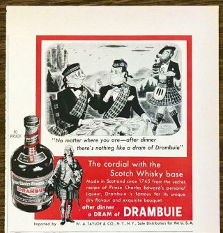1955 Drambuie Scotch Whisky Cordial Print Ad Scotsmen In Kilts Cartoon
