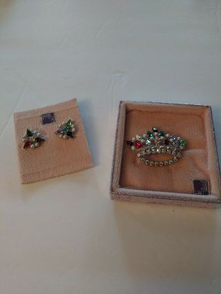 Vintage Jewelry Figural Crown Brooch B.  David Rhinestones W/ Earrings