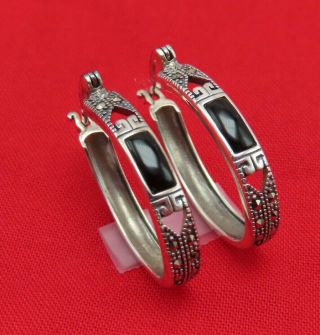 Slc Vintage Sterling Silver Pierced Earrings Black Onyx Marcasites Gemstone 550r