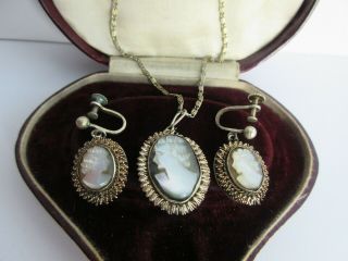 Vintage 1940s Silver Mother Of Pearl Cameo Pendant Necklace Screw Back Earrings