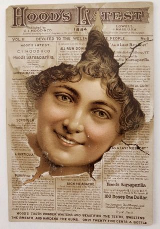 Hoods Tooth Powder Dentists Victorian Trade Card Pretty Woman Head In Newspaper