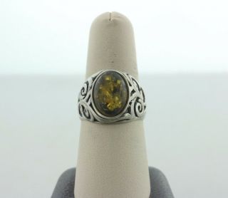 Vintage Sterling Silver 925 Oval Amber Filigree Band Ring - Size 8