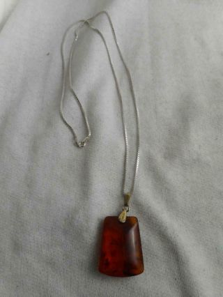 Vtg Russian 875 Silver & Big Baltic Honey Amber Pendant & 925 24 " Chain Necklace