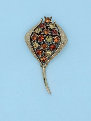 Vintage Gold Tone Tulip Flower Amber Citrine Yellow Rhinestone Glass Brooch Pin