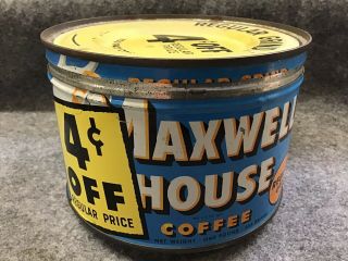 Vintage 1 Lb Maxwell House Coffee Tin Can W Lid Empty Pound Reg Grind 4 Cnts Off