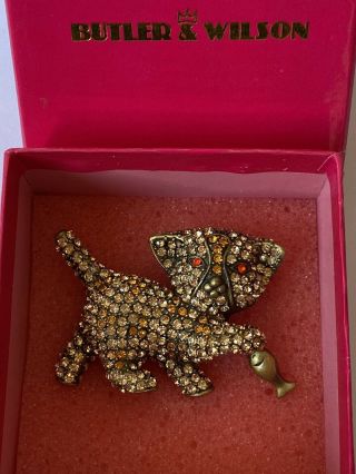 Vintage Butler & Wilson (b&w) Signed Crystal Cat With Fish Brooch Pin - Boxed