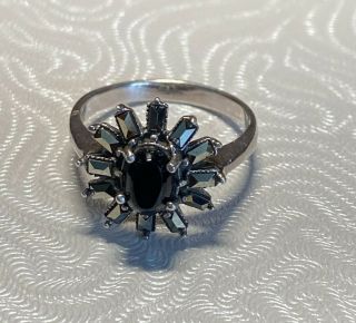Vintage Sterling Silver Onyx Starburst Style Ring - Size 8