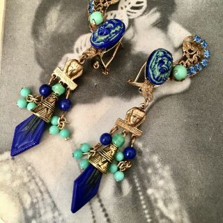 Egyptian Revival Pharaoh Czech Glass Handcrafted Earrings,  Blue,  Green,  Climber