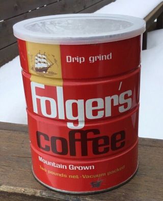 Vintage Folger’s Coffee Tin Can 2 W/ Lid 1963