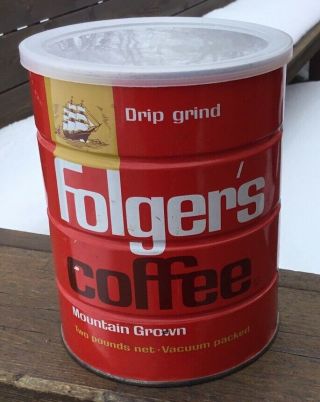 Vintage Folger’s Coffee Tin Can 2 w/ Lid 1963 3