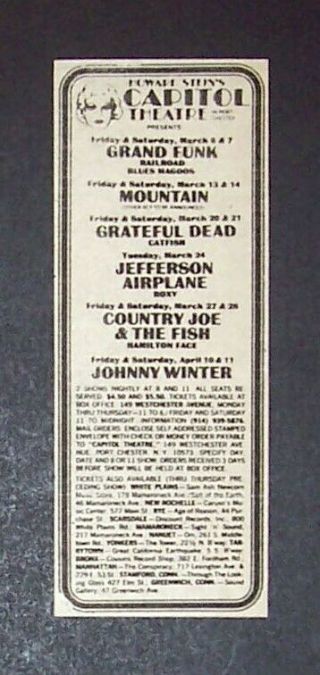 Grand Funk Grateful Dead Capitol Theatre Ny 1970 Mini Poster Type Concert Ad