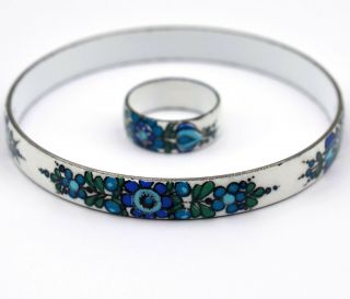 Vintage Blue Green White Floral Enamel Ring & Bangle Bracelet / Michaela Frey ?