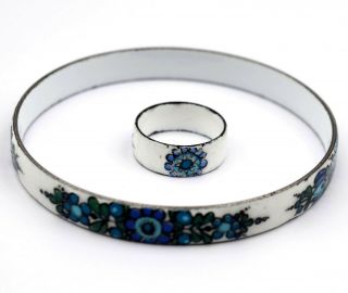 Vintage Blue Green White Floral Enamel Ring & Bangle Bracelet / Michaela Frey ? 2