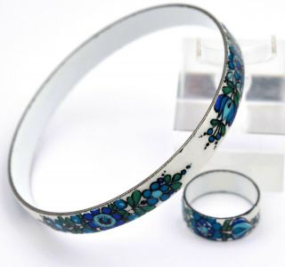 Vintage Blue Green White Floral Enamel Ring & Bangle Bracelet / Michaela Frey ? 3