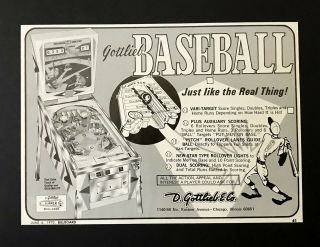 Gottlieb Baseball Pinball Machine 1970 Mini Poster Type Ad,  Vintage Promo Advert