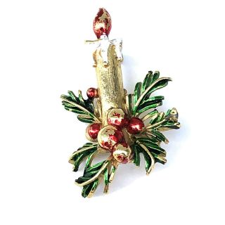 Vintage St Labre Brooch Christmas Candle Gold Tone Red Green Enamel Rare Pin