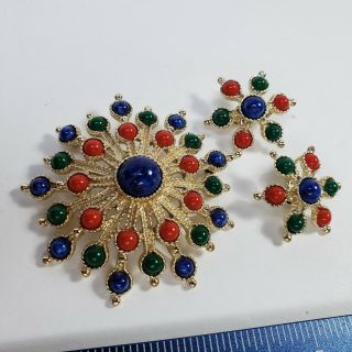 Vintage Sarah Coventry Brooch Pin Clip On Earring Set Blue Green Red Gold
