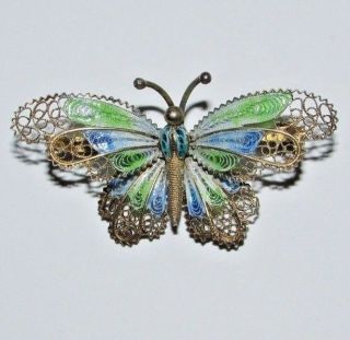 Vintage 800 Silver Enamel Butterfly Pin Brooch