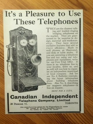 1913 Canada Canadian Ad Independent Wooden Wall Telephone Phone