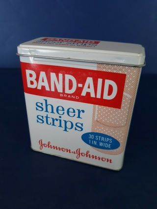 Vtg Johnson Band Aid Brand Sheer Strips Empty Tin Container Flip Up Lid Euc