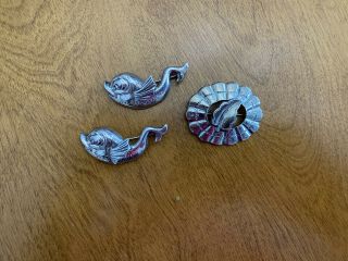 3 Sterling Silver Pins - 2 Fish,  1 Leaf
