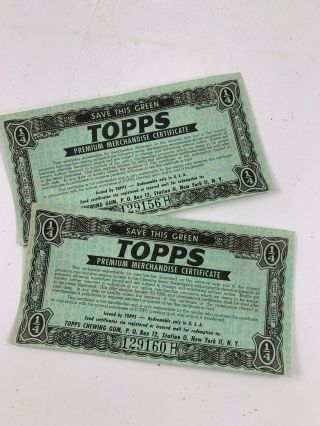 Two (2) Vintage 1940’s Era Topps Chewing Gum Premium Merchandise Certificates