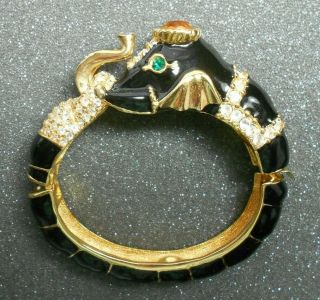 Art Deco Vintage Elephant Bracelet Hinged Gold Tone W/ Rhinestones Black Enamel