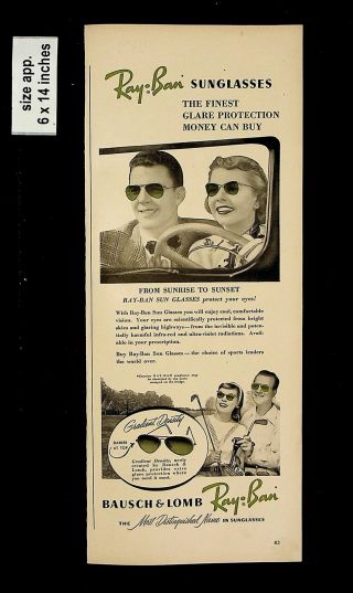 1950 Ray Ban Bausch & Lomb Sunglasses Vintage Print Ad 13165