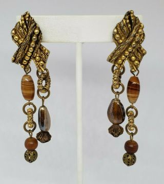 Kate Hines Vintage Brown Murano Glass Bead Gold Tone Dangle Earrings Clip On