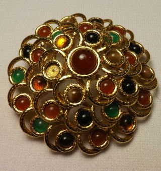 " Joan Rivers " Multi Colored Cabochon Gold Tone Domed Mound Pin Brooch 2.  25 " Wide