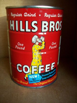 Vintage Hills Bros Coffee Tin Can Regular Grind One Pound Empty - Use Can Opener