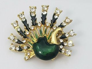 Vintage Bird Of Paradise Peacock Brooch Pin Green Enamel Clear Rhinestones Gold
