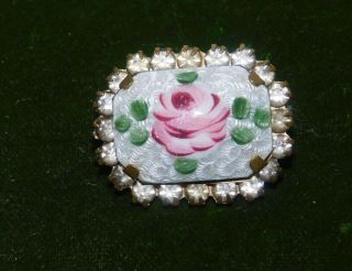 Dainty Vintage Guilloche Enamel Rose Flower Rhinestone Brooch Pin 7g 70