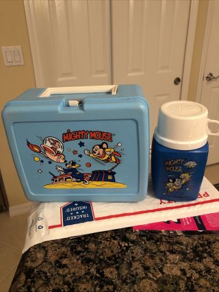 1979 Mighty Mouse Lunchbox Thermos Kit Vintage Plastic